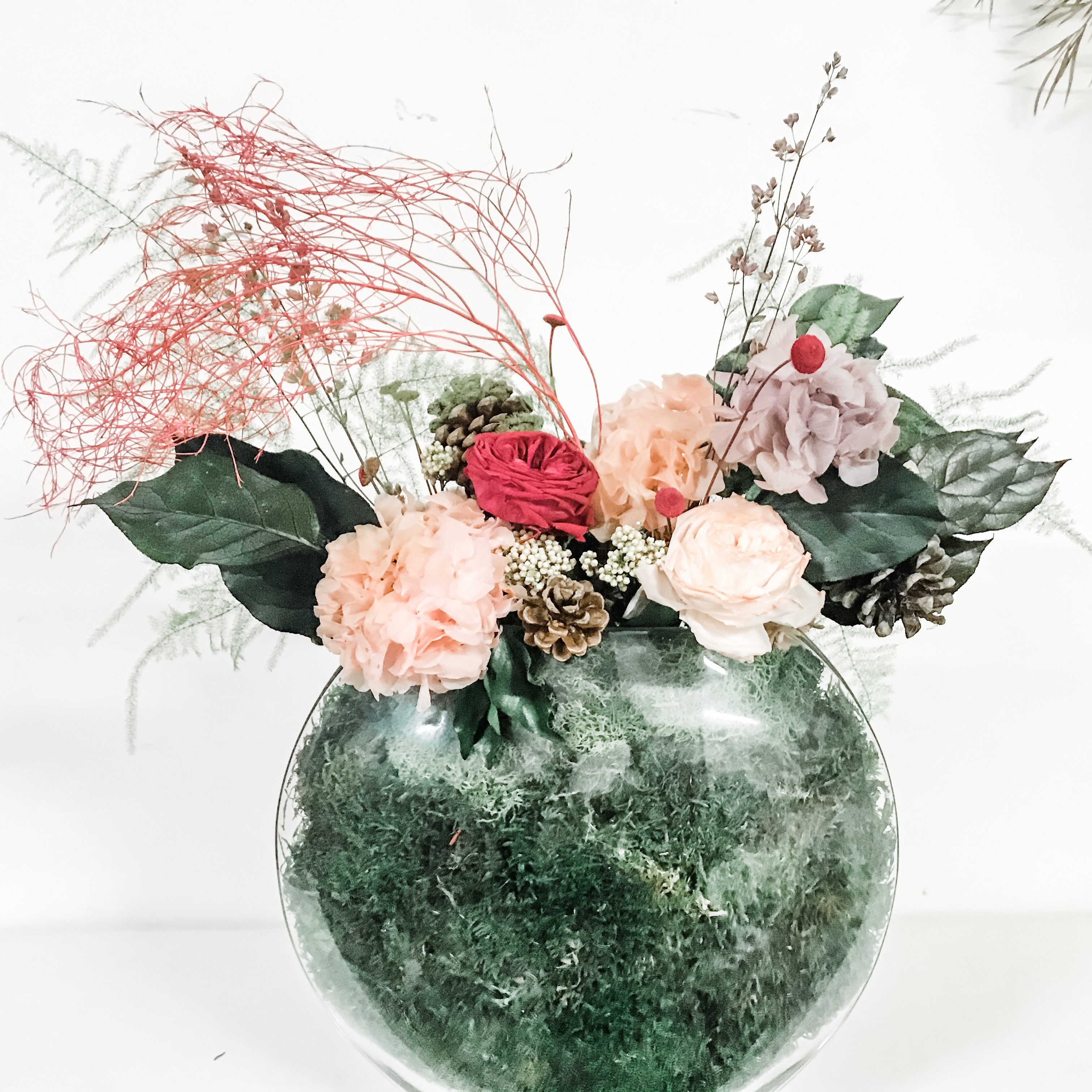 Vaso Vetro con composizione fiori e rose eterne